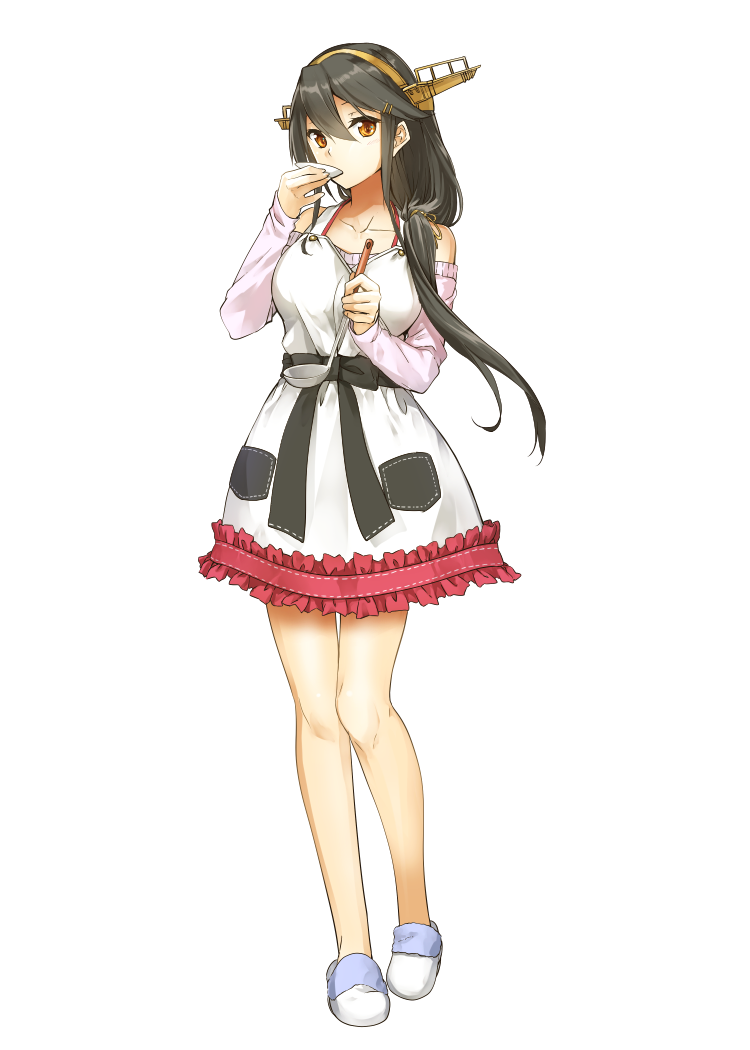 1girl alternate_costume apron black_hair commentary cosplay hair_between_eyes hair_ornament hairclip haruna_(kantai_collection) headgear kantai_collection kongou_(kantai_collection) kongou_(kantai_collection)_(cosplay) kyougoku_touya long_hair looking_at_viewer orange_eyes simple_background sleeveless slippers solo white_background