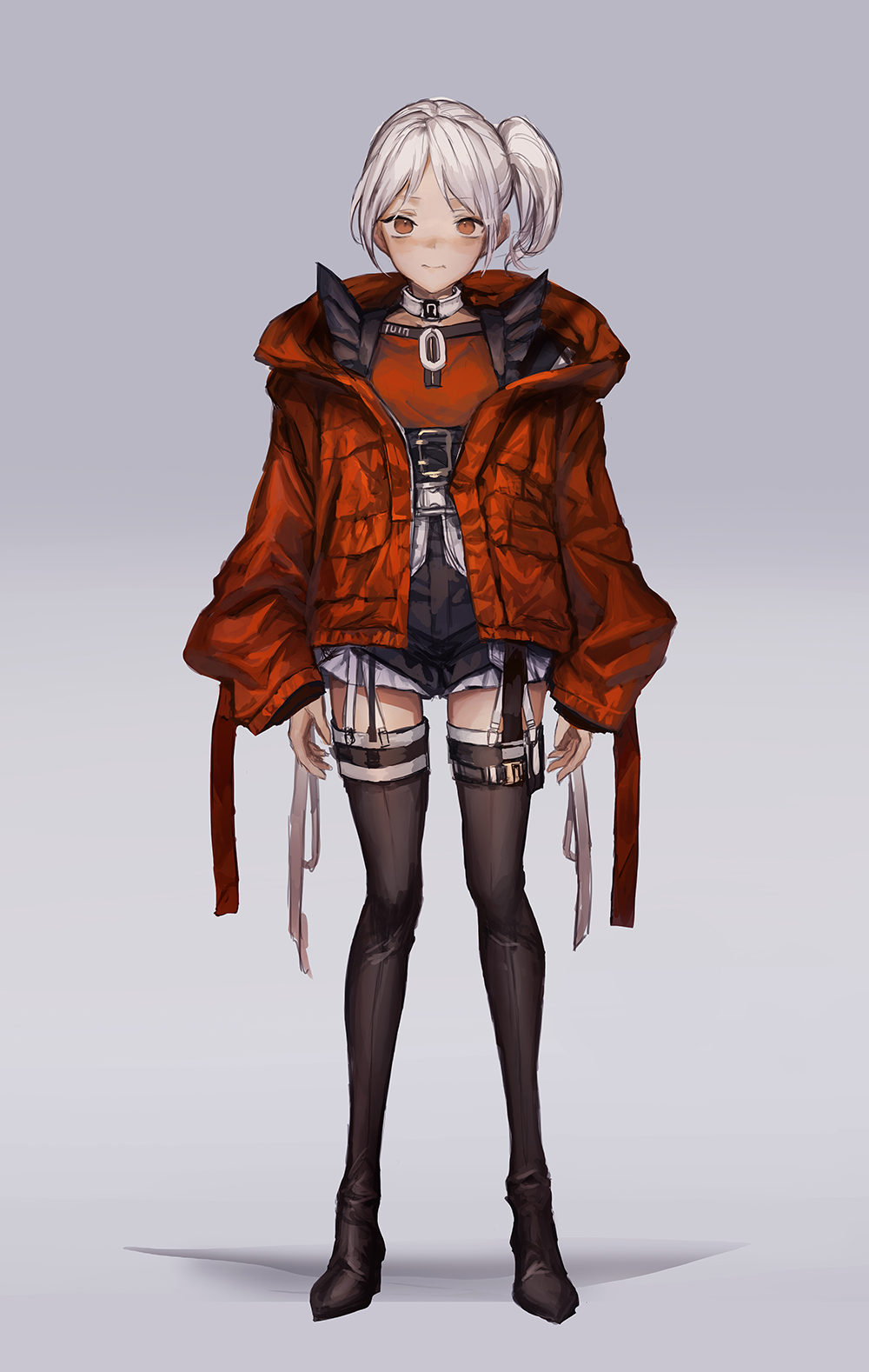 1girl arms_at_sides bangs belt black_boots boots brown_eyes collar commentary full_body garter_straps grey_background highres jacket lm7_(op-center) long_sleeves looking_at_viewer original parted_bangs red_jacket short_hair side_ponytail simple_background solo standing thigh-highs thigh_boots white_hair