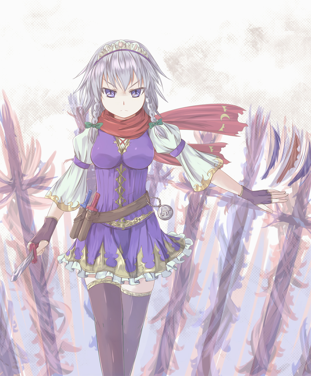 &gt;:( 1girl black_gloves black_legwear blue_eyes bow braid breasts closed_mouth commentary fantasy fingerless_gloves frown gloves green_bow hair_bow hairband highres hikari_niji holding holding_knife izayoi_sakuya knife looking_at_viewer medium_breasts outstretched_arm pocket_watch purple_skirt purple_vest red_scarf scarf sheath sheathed shirt silver_hair skirt solo standing thigh-highs touhou twin_braids vest watch white_background white_shirt