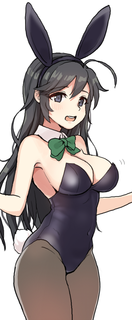 1girl :d ahoge animal_ears bare_shoulders black_hair blue_eyes bow bowtie breasts bright_pupils brown_legwear bunny_girl bunny_tail bunnysuit cleavage covered_navel cowboy_shot detached_collar fake_animal_ears girls_und_panzer hairband isuzu_hana jorin large_breasts leotard long_hair open_mouth pantyhose simple_background smile solo tail white_background white_pupils