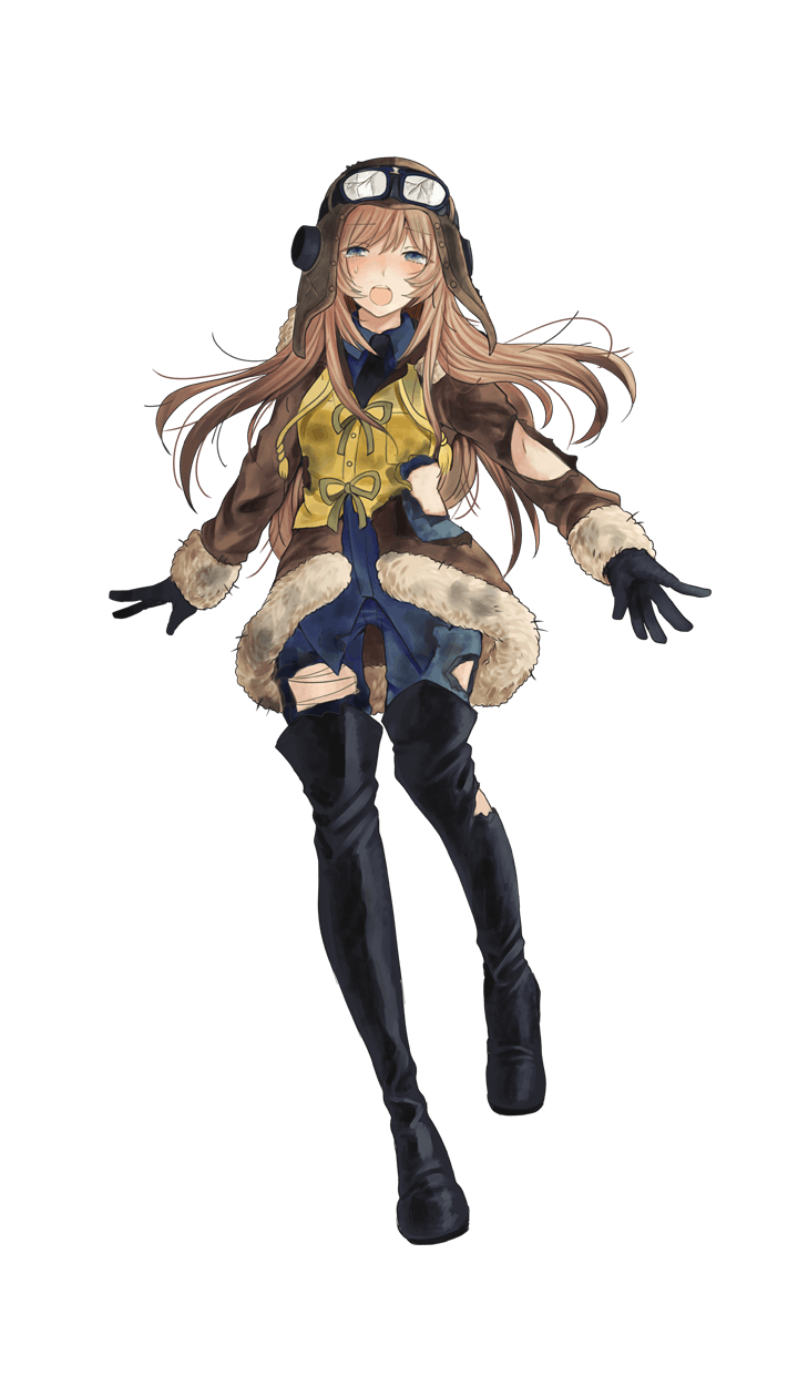1girl :o black_boots black_gloves blue_eyes blush boots brown_jacket eyebrows_visible_through_hair formation_girls full_body gloves highres josefina_frantisek kurodeko light_brown_hair official_art open_mouth smile solo thigh-highs thigh_boots torn_clothes transparent_background yellow_vest