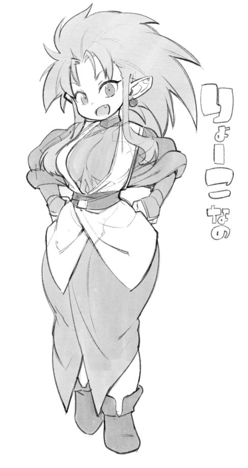 1girl agawa_ryou ankle_boots big_hair boots breasts earrings fang full_body greyscale hands_on_hips jewelry long_hair medium_breasts monochrome pointy_ears ryouko_(tenchi_muyou!) sidelocks smile solo spiky_hair tenchi_muyou! wide_hips
