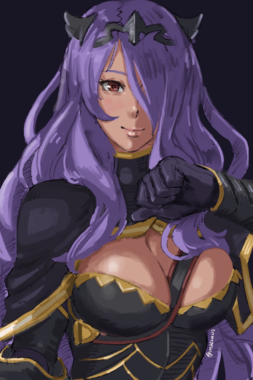 1girl artist_name black_background breasts camilla_(fire_emblem_if) capelet cleavage fire_emblem fire_emblem_if hair_over_one_eye highres imdsound large_breasts lips long_hair looking_at_viewer purple_hair simple_background smile solo tiara upper_body violet_eyes