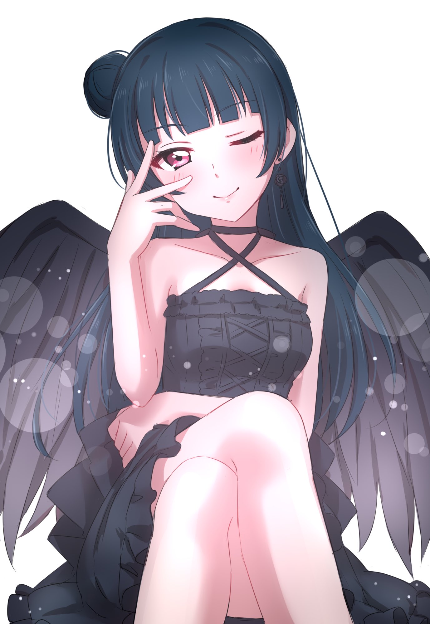 1girl bangs bare_arms bare_shoulders black_dress black_hair black_wings blunt_bangs breasts collarbone dress earrings eyebrows_visible_through_hair hair_bun halterneck hand_on_own_face head_tilt highres jewelry legs_crossed lens_flare_abuse lips long_hair looking_at_viewer love_live! love_live!_sunshine!! medium_breasts one_eye_closed pink_eyes sekina side_bun simple_background smile solo tsushima_yoshiko white_background wings