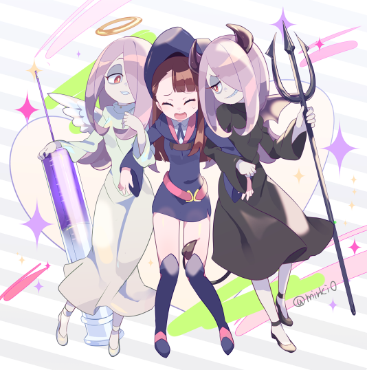 3girls alternate_costume angel angel_and_devil angel_wings boots brown_hair demon_girl demon_tail demon_wings evil_smile hair_over_one_eye halo hat kagari_atsuko komoreg little_witch_academia locked_arms long_hair multiple_girls multiple_persona polearm red_eyes smile sucy_manbavaran sweatdrop syringe tail trident twitter_username weapon white_pupils wings witch witch_hat
