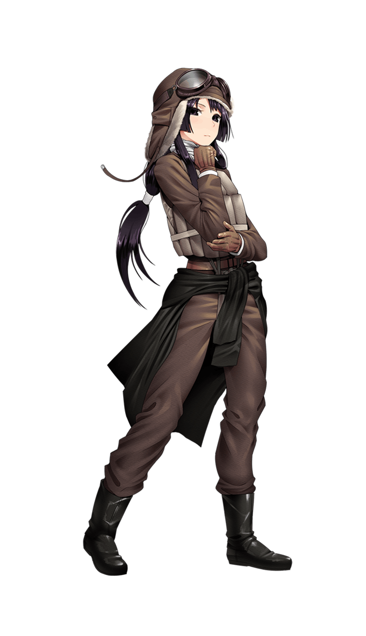 1girl artist_request aviator_cap black_eyes black_hair boots brown_gloves formation_girls fukuhara_yoshie full_body gloves goggles goggles_on_headwear hand_on_own_chin hand_on_own_elbow highres long_hair looking_at_viewer low-tied_long_hair official_art pilot_suit sidelocks solo transparent_background