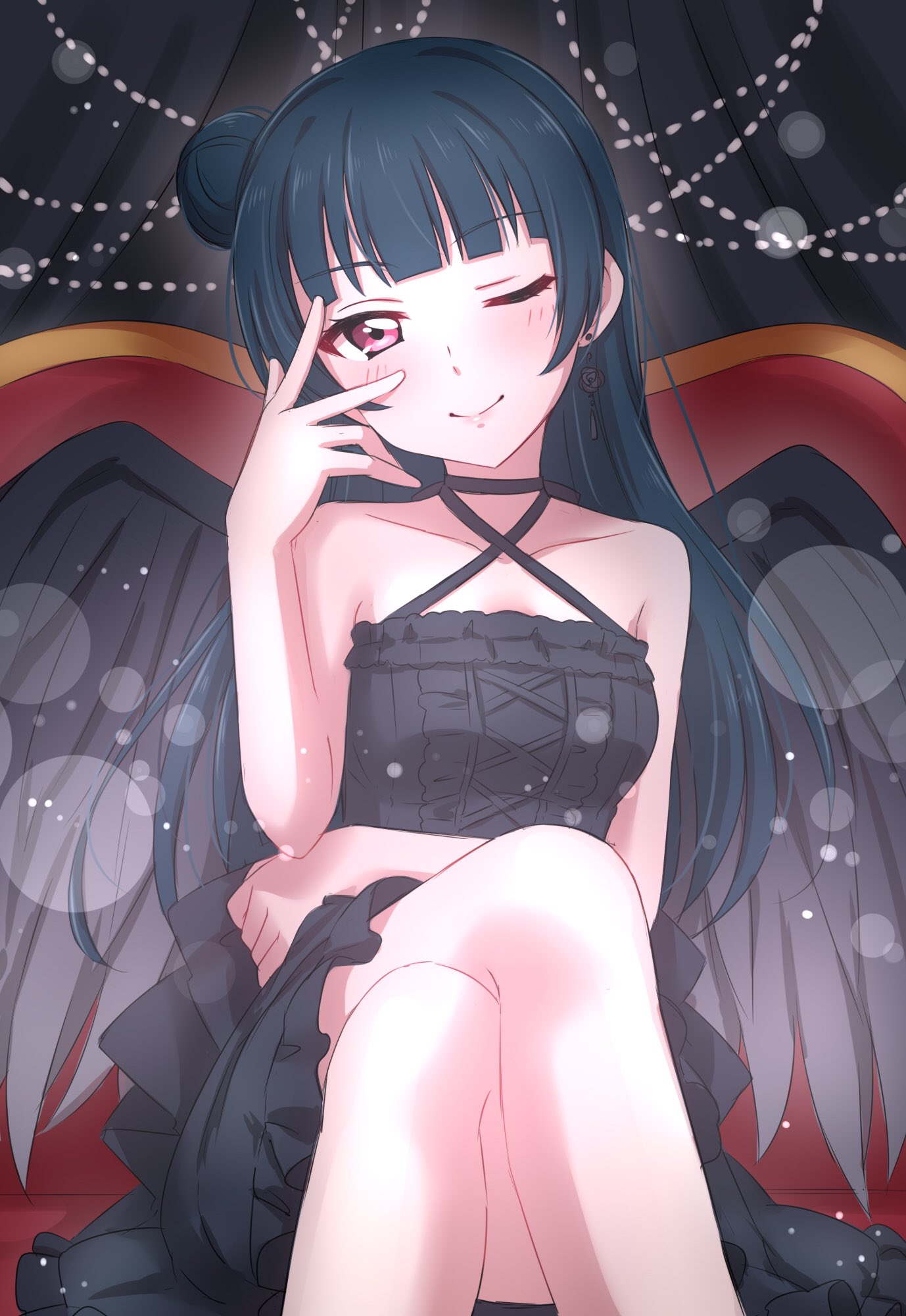 1girl bangs bare_arms bare_shoulders black_dress black_hair black_wings blunt_bangs breasts collarbone commentary_request curtains dress earrings eyebrows_visible_through_hair hair_bun halterneck hand_on_own_face head_tilt highres jewelry legs_crossed lens_flare_abuse lips long_hair looking_at_viewer love_live! love_live!_sunshine!! medium_breasts one_eye_closed pink_eyes sekina side_bun smile solo tsushima_yoshiko wings