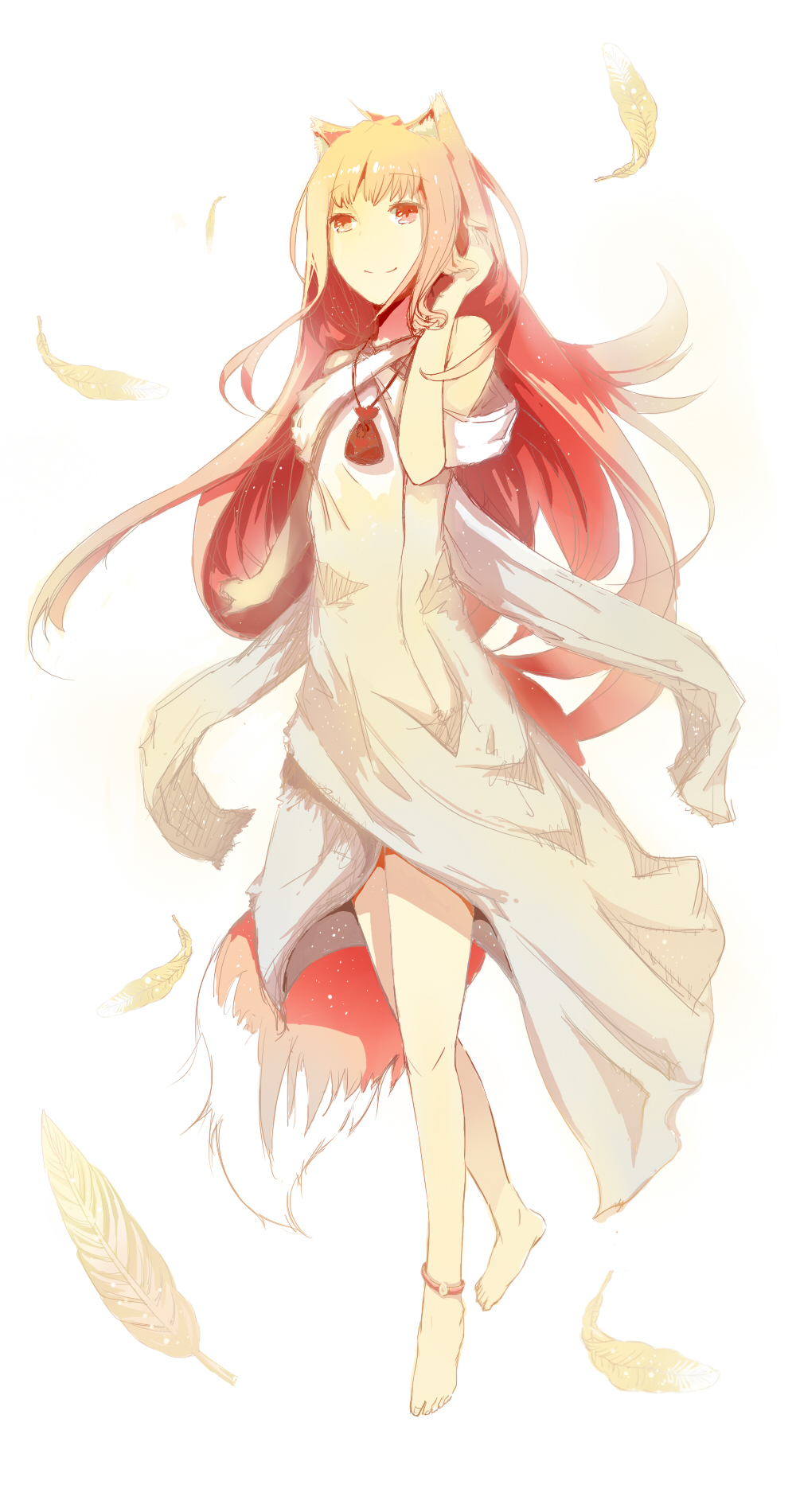 1girl animal_ears anklet barefoot brown_hair dress eyebrows_visible_through_hair feathers full_body grey_dress hand_in_hair highres holo jewelry long_hair red_eyes simple_background sleeveless sleeveless_dress solo spice_and_wolf tail very_long_hair white_background wolf_ears wolf_tail