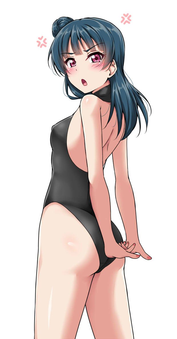 &gt;:o 1girl :o anger_vein ass bangs black_swimsuit blue_hair blush breasts from_behind from_side interlocked_fingers long_hair looking_at_viewer looking_back love_live! love_live!_sunshine!! one-piece_swimsuit open-back_swimsuit open_back side_bun simple_background small_breasts solo swimsuit tsushima_yoshiko violet_eyes white_background yopparai_oni