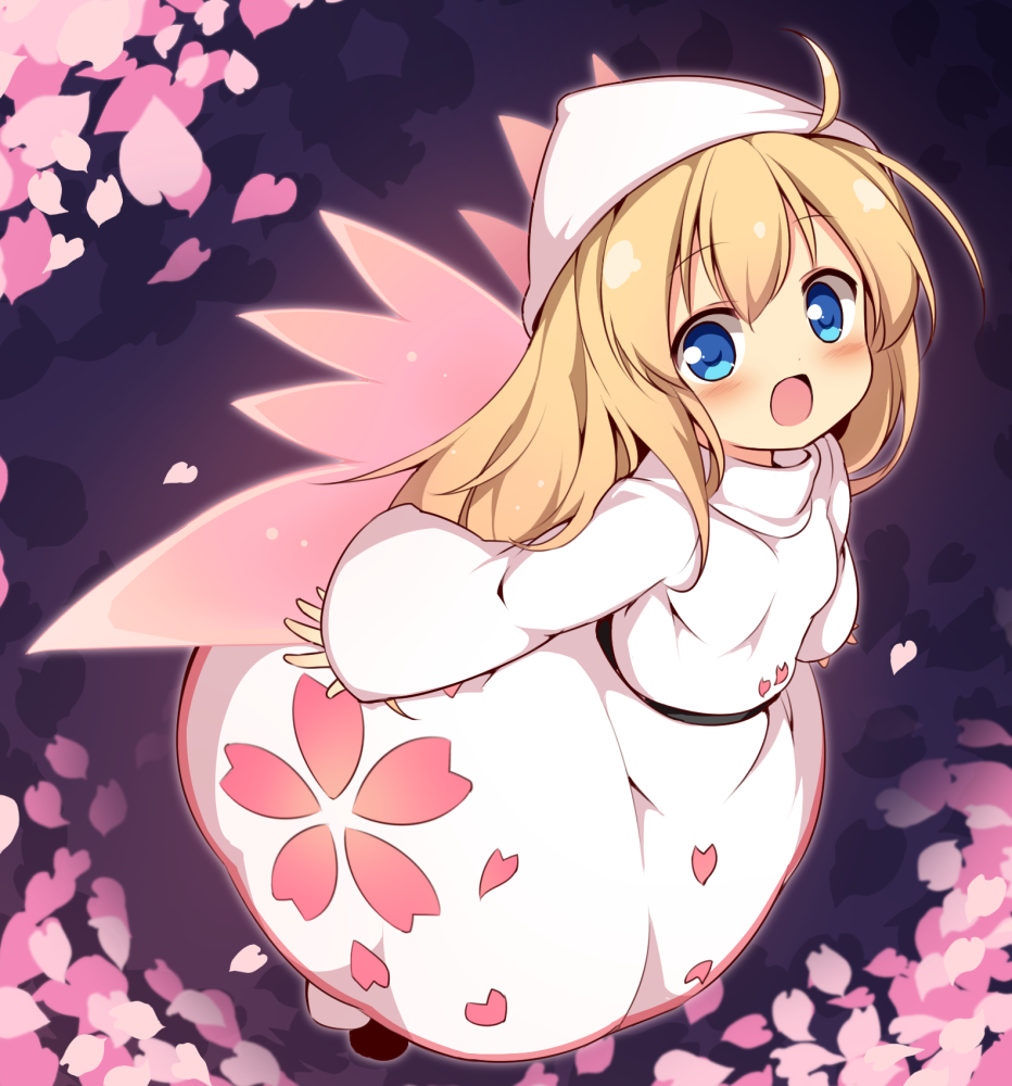 1girl baku_ph bangs blonde_hair blue_eyes breasts cherry_blossoms commentary_request eyebrows_visible_through_hair fairy_wings floral_print flying full_body hat lily_white long_hair looking_at_viewer open_mouth petals shirt skirt skirt_set sleeves_past_wrists small_breasts smile solo touhou white_hat white_shirt white_skirt wings