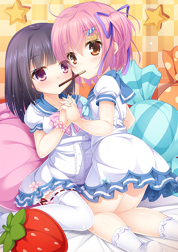 2girls bangs bed_sheet black_hair blue_bow blunt_bangs blush bobby_socks bow candy_hair_ornament checkered checkered_background collarbone commentary_request dress eyebrows_visible_through_hair flower_bracelet food food_themed_hair_ornament hair_between_eyes hair_ornament hair_ribbon hand_holding interlocked_fingers kneeling looking_at_viewer looking_back multiple_girls no_shoes on_bed orange_hair original pink_bow pink_eyes pink_hair pink_pillow pocky pocky_kiss polka_dot_pillow puffy_short_sleeves puffy_sleeves purple_ribbon red_ribbon ribbon ribbon-trimmed_legwear ribbon_trim sailor_dress sekine_irie shared_food short_sleeves socks star striped_pillow tareme thigh-highs two_side_up white_bow white_dress white_legwear yuri