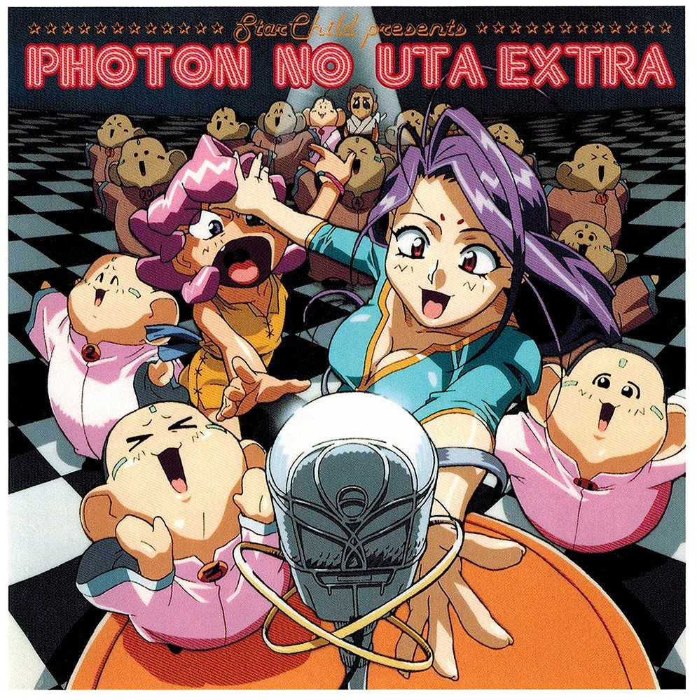 &gt;_&lt; 1boy 2girls 90s angry aun_freya black_eyes blush bracelet breasts checkered checkered_floor cleavage facial_mark fang jewelry keyne_aqua long_hair medium_breasts microphone multiple_girls official_art open_mouth photon photon_earth pink_hair pochi_#1 pochi_(photon) purple_hair reaching red_eyes scan short_hair sleeveless sleeves_past_elbows spotlight