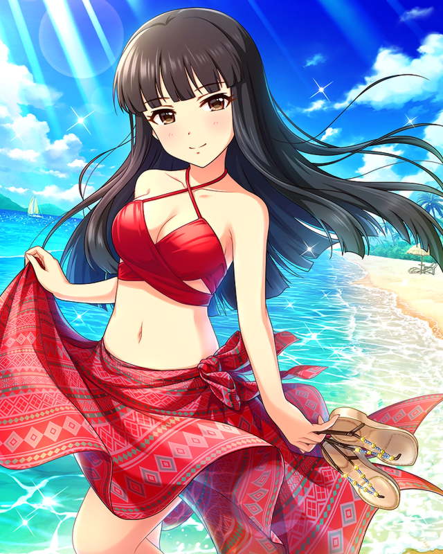 1girl artist_request bangs beach bikini black_hair blue_sky blunt_bangs blush breasts brown_eyes collarbone day idolmaster idolmaster_cinderella_girls kurokawa_chiaki long_hair looking_at_viewer medium_breasts midriff navel ocean official_art outdoors palm_tree red_swimsuit sandals sandals_removed sky smile solo sunlight swimsuit tree