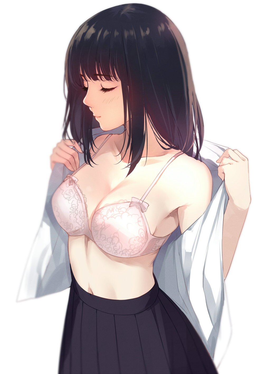 1girl black_hair black_skirt blush bra breasts caidychen cleavage closed_eyes closed_mouth comic eyebrows_visible_through_hair eyelashes highres large_breasts light_smile long_hair navel open_clothes open_shirt original pink_bra pleated_skirt shirt shirt_on_shoulders simple_background skirt solo stomach underwear undressing white_background white_shirt