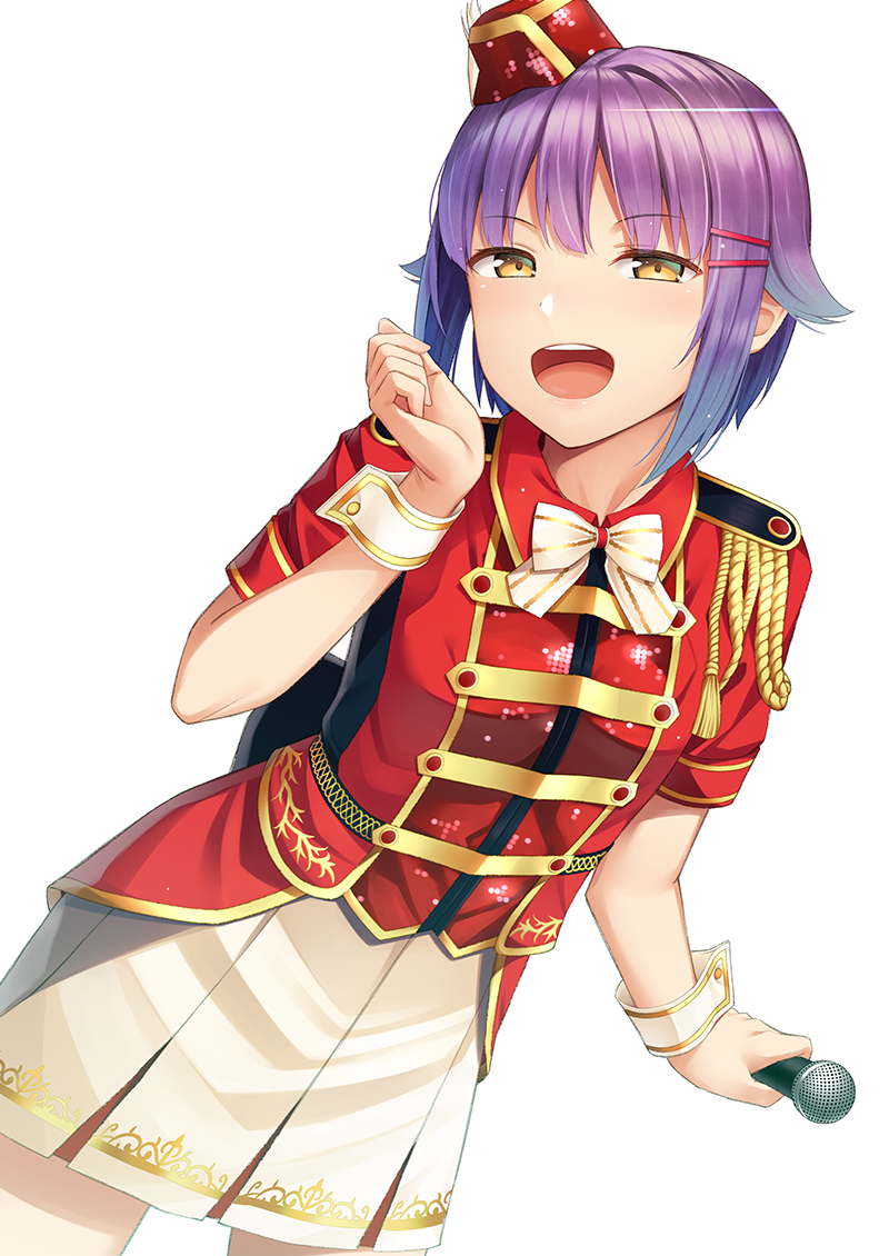 1girl aiguillette bangs blue_hair bow bowtie buttons collared_shirt double-breasted epaulettes eyebrows_visible_through_hair gradient_hair hair_ornament hairclip hat holding holding_microphone idolmaster idolmaster_cinderella_girls koshimizu_sachiko lavender_hair looking_at_viewer microphone mini_hat multicolored_hair open_mouth red_hat red_shirt shirt short_hair short_sleeves simple_background skirt smug solo standing umihotaru_harumare upper_teeth white_background white_bow white_skirt wrist_cuffs yellow_eyes