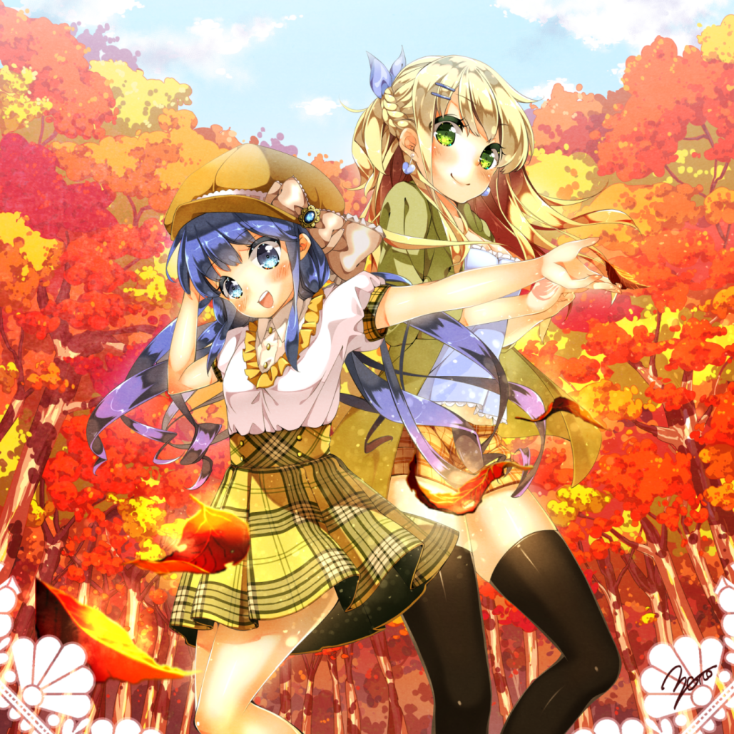 1girl :d autumn_leaves black_legwear blue_eyes blue_hair blue_sky blush bow braid breasts brown_hair clouds crown_braid day earrings fairy_tail green_eyes hair_bow hair_ornament hairclip hat hat_bow heart heart_earrings jacket jewelry leaf lucy_heartfilia open_mouth outdoors outstretched_arm plaid skirt sky small_breasts smile standing thigh-highs tree wendy_marvell yellow_skirt zero_(fairytail)