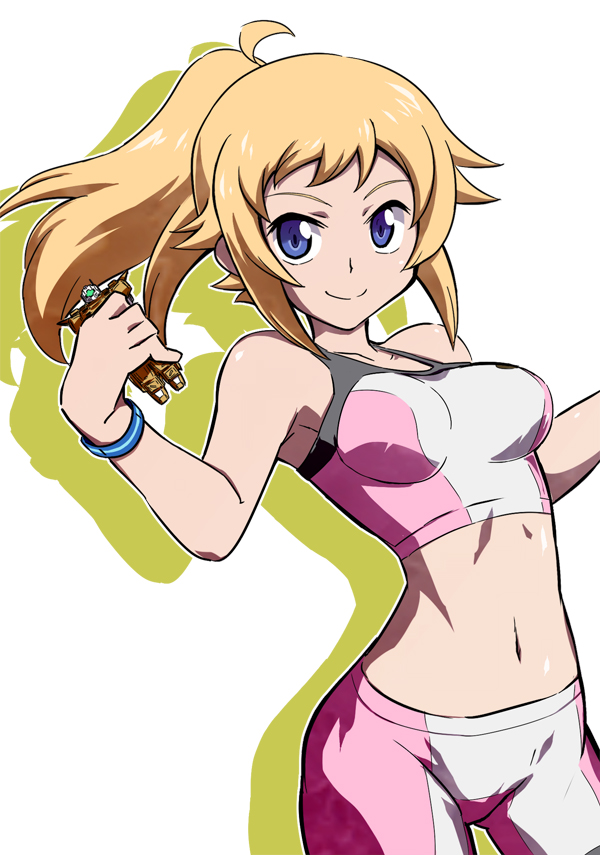 1girl bare_shoulders bike_shorts blue_eyes gundam gundam_build_fighters gundam_build_fighters_try hoshino_fumina long_hair looking_at_viewer mutsuki_riichi ponytail powered_gm_cardigan scrunchie smile solo sports_bra