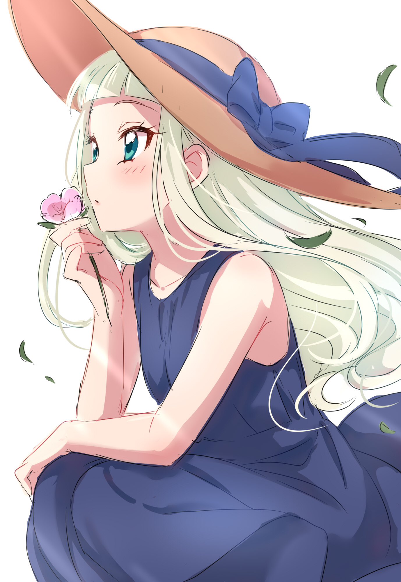 1girl aikatsu! aqua_eyes bangs bare_arms bare_shoulders blunt_bangs bow breasts collarbone dress flower from_side hat hat_bow highres holding holding_flower leaf looking_afar parted_lips sekina simple_background sitting sleeveless small_breasts solo sun_hat sundress toudou_yurika upper_body white_background white_hair