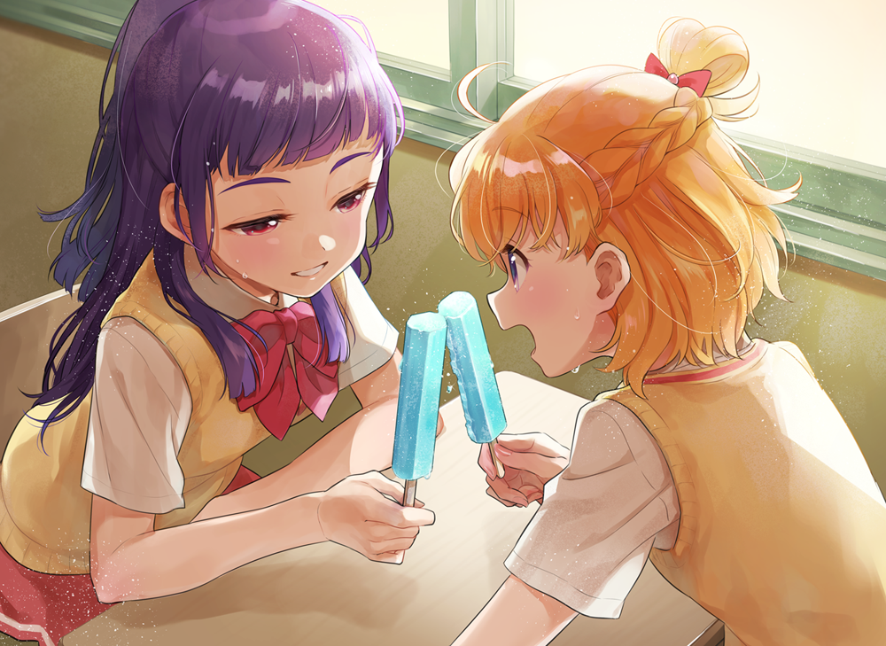 2girls asahina_mirai blonde_hair blush cardigan chair food gobou_1000 izayoi_liko long_hair looking_at_another mahou_girls_precure! multiple_girls open_mouth popsicle precure purple_hair red_eyes school_uniform short_hair short_sleeves sitting smile table violet_eyes