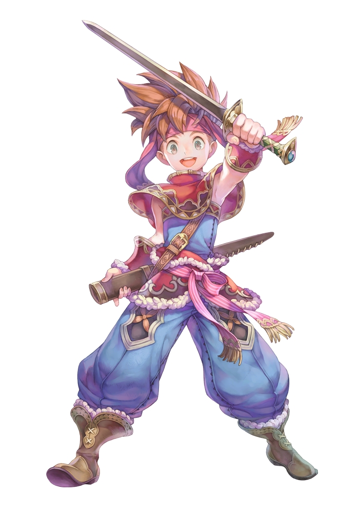 1boy boots bracer brown_hair fur_trim headband looking_at_viewer official_art open_mouth poncho randi scabbard seiken_densetsu seiken_densetsu_2 sheath simple_background sleeveless smile solo spiky_hair square_enix sword weapon white_background