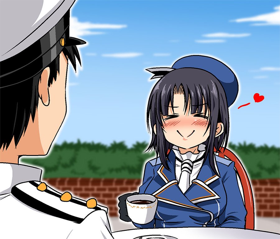 1boy 1girl admiral_(kantai_collection) admiral_shiro_(shino) bangs beret black_hair blue_sky blunt_bangs blush brick_wall cafe chair closed_eyes clouds coffee_cup comic commentary_request epaulettes eyebrows_visible_through_hair gloves hat heart jacket kantai_collection military military_hat military_uniform neckerchief peaked_cap plate shino_(ponjiyuusu) sidelocks sitting sky smile table takao_(kantai_collection) translation_request uniform