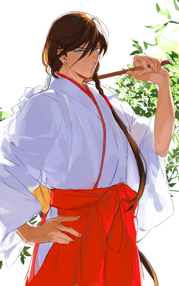 1boy androgynous blue_eyes brown_hair crossdressinging gohei hanadi_(hndboo) hand_on_hip izumi-no-kami_kanesada japanese_clothes long_hair male_focus miko ponytail solo touken_ranbu