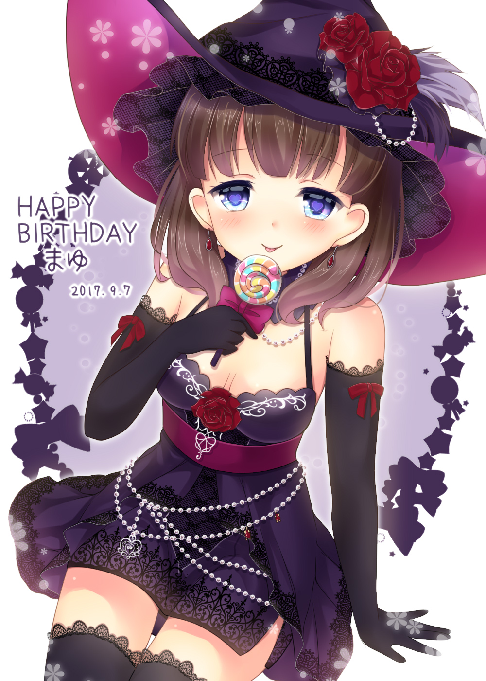 1girl blue_eyes blush breasts brown_hair candy cleavage closed_eyes dress earrings elbow_gloves flower food gloves happy_birthday harukaruha hat hat_flower heart heart-shaped_pupils highres jewelry lollipop looking_at_viewer medium_breasts sakuma_mayu short_hair smile solo symbol-shaped_pupils thigh-highs witch_hat