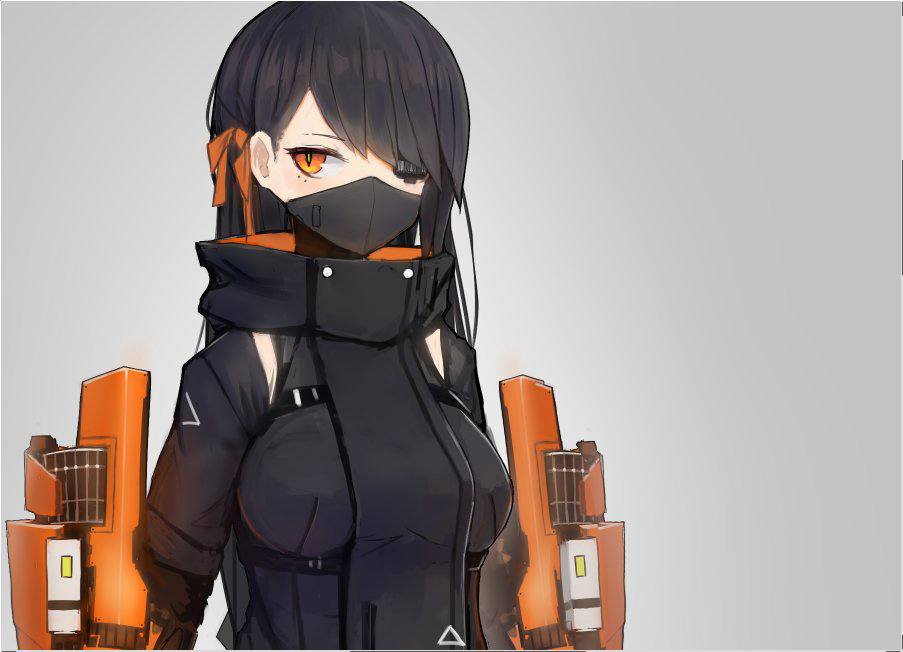 1girl alternate_hair_length alternate_hairstyle bangs bow cyberpunk cyborg eyepatch face_mask hair_bow kasagarasu long_hair looking_at_viewer mask mecha_musume mechanical_arm original slit_pupils solo sumi_elias