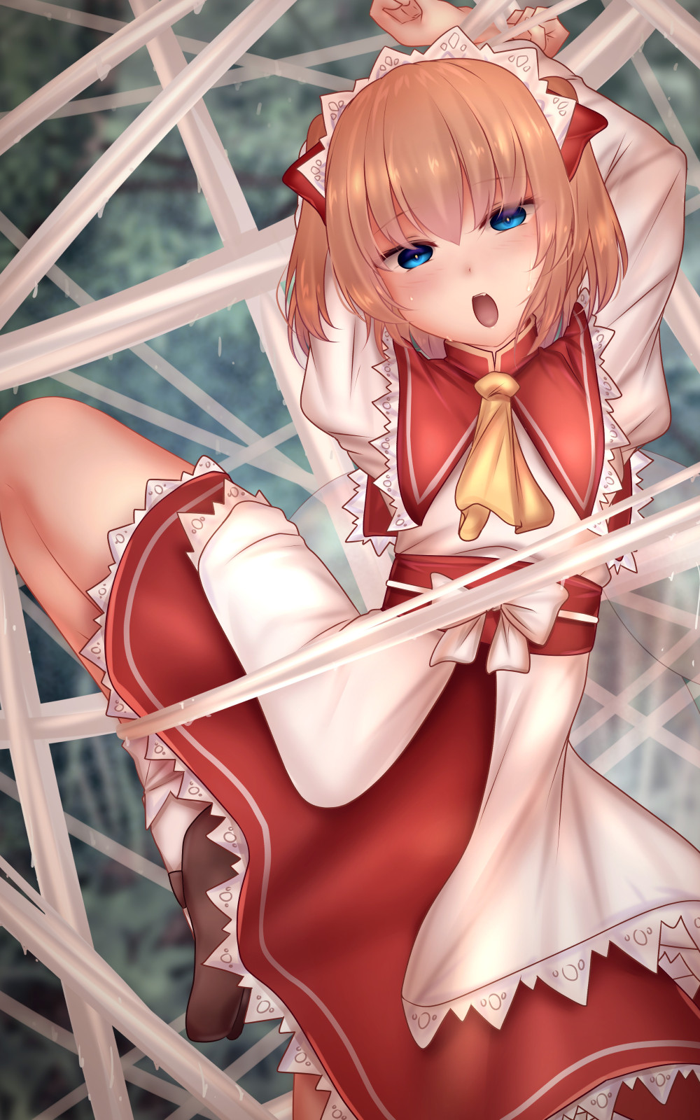 1girl arm_up ascot blonde_hair blue_eyes bow brown_footwear capelet fairy fairy_wings frilled_skirt frills highres looking_at_viewer mary_janes obi open_mouth orange_hair puffy_short_sleeves puffy_sleeves red_capelet red_skirt restrained revision sash shirt shoes short_hair short_sleeves shounen_(hogehoge) silk skirt spider_web sunny_milk sweat touhou white_bow white_shirt wings yellow_ascot yellow_neckwear