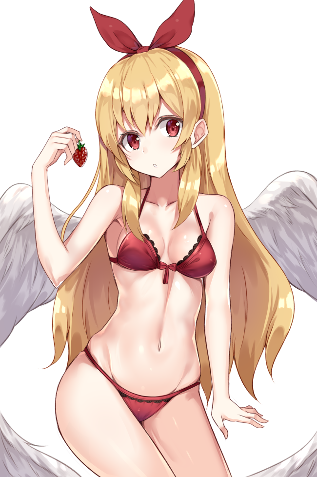 1girl :o aikatsu! angel_wings arm_at_side bangs blonde_hair bow bow_bra bra breasts collarbone cowboy_shot feathered_wings food fruit groin hairband holding holding_fruit hoshimiya_ichigo kanikou lace lace-trimmed_bra long_hair looking_at_viewer navel panties red_bra red_eyes red_panties simple_background small_breasts solo strawberry underwear underwear_only white_background white_wings wings