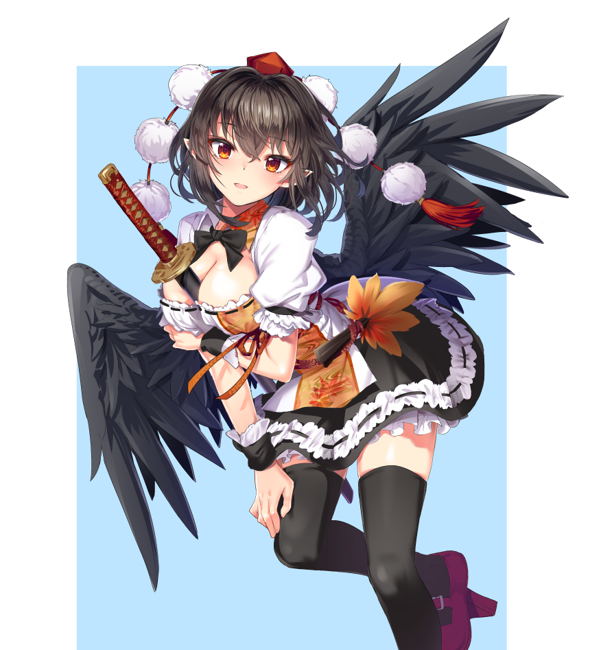 1girl bangs between_breasts black_hair black_legwear black_skirt black_wings blue_background breasts cibo_(killy) cleavage feathered_wings geta hat large_breasts looking_at_viewer miniskirt pointy_ears puffy_short_sleeves puffy_sleeves purple_shoes red_eyes ribbon-trimmed_skirt ribbon_trim shameimaru_aya sheath sheathed shoes short_hair short_sleeves skirt solo sword thigh-highs tokin_hat touhou weapon white_background wings