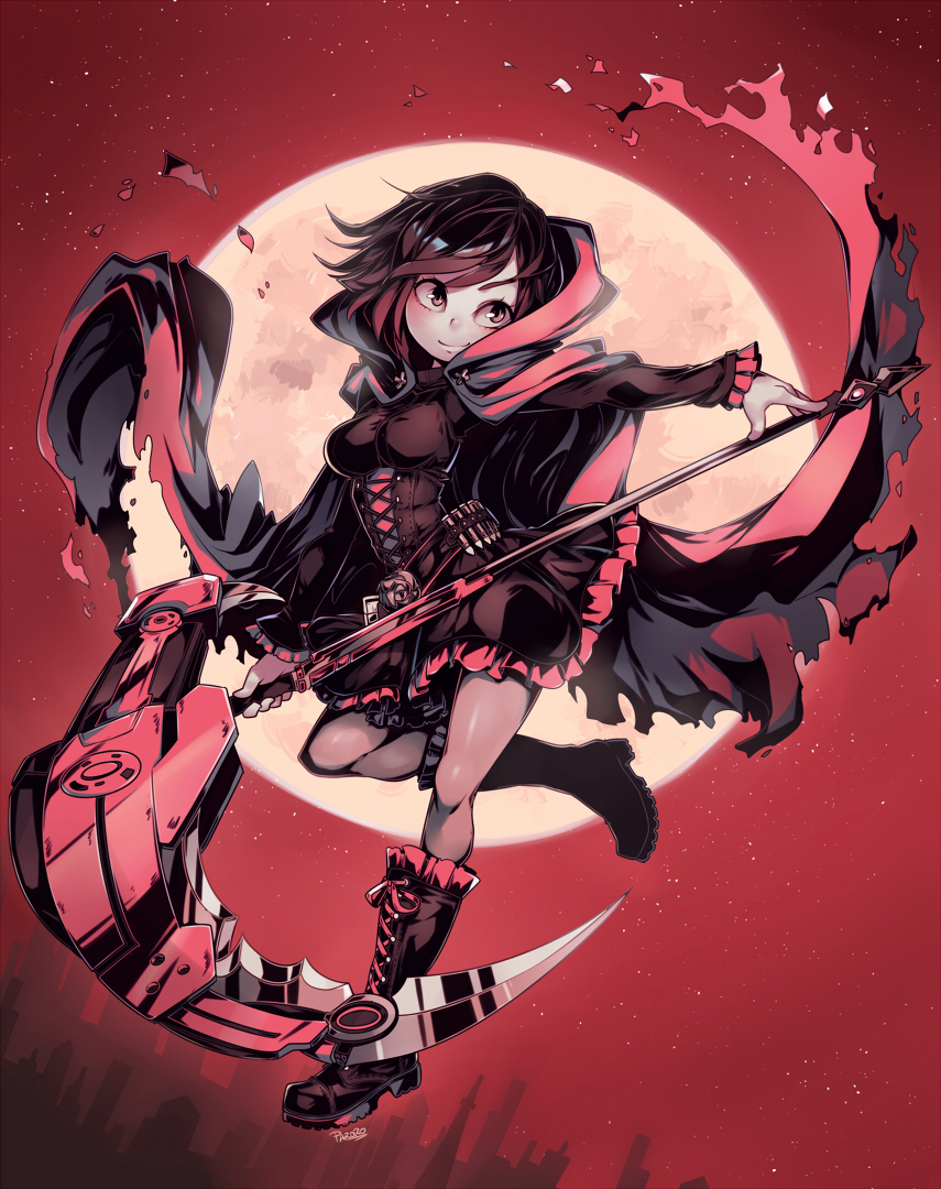 1girl artist_name black_hair boots breasts cape corset crescent_rose cross-laced_footwear full_moon gothic_lolita hood knee_boots lace-up_boots lolita_fashion medium_breasts moon parororo ruby_rose rwby scythe short_hair solo torn_cape