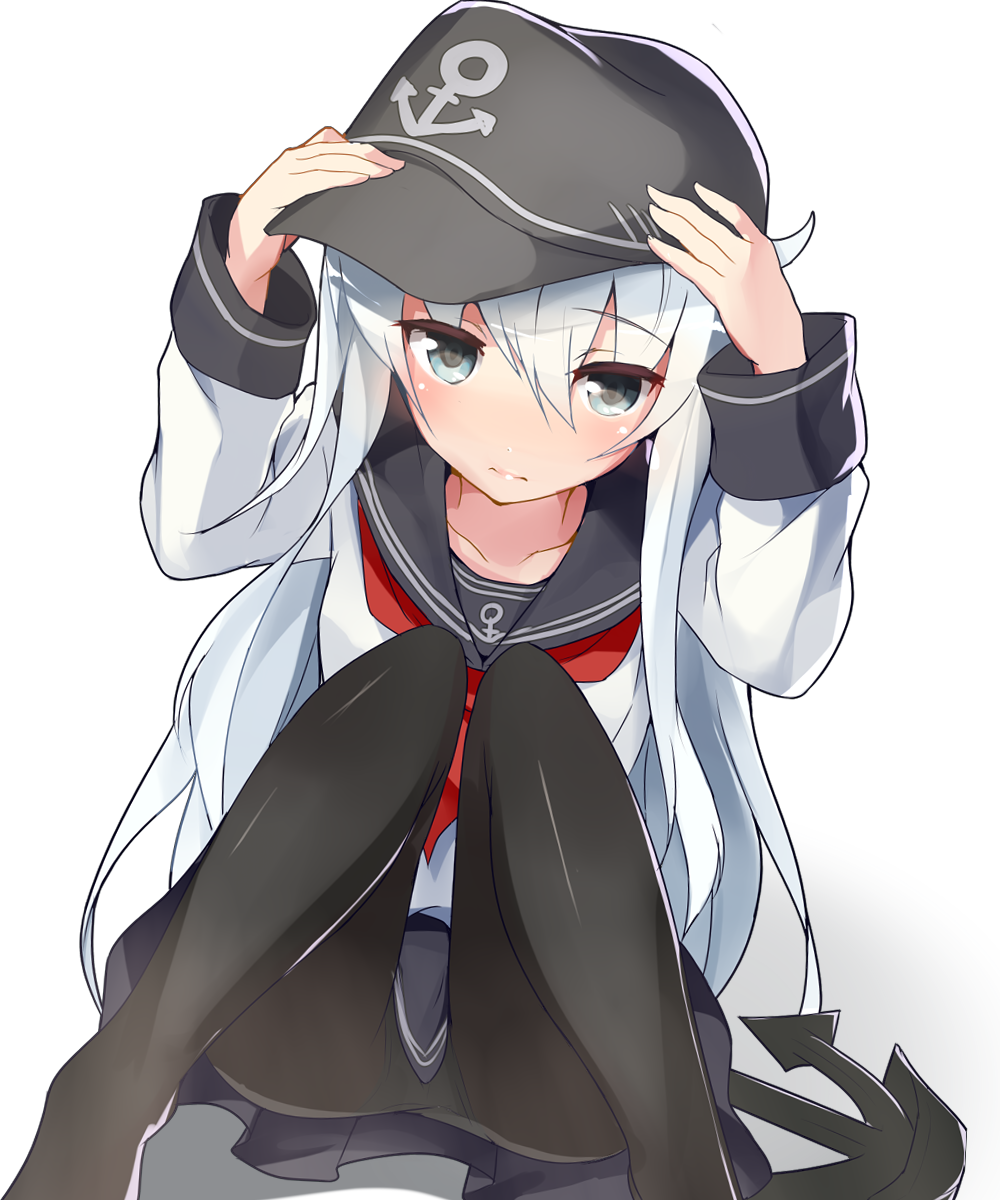 1girl anchor_symbol black_hat black_legwear blue_eyes collarbone eyebrows_visible_through_hair hair_between_eyes hat hibiki_(kantai_collection) highres kantai_collection long_hair looking_at_viewer neckerchief panties panties_under_pantyhose pantyhose red_neckerchief school_uniform serafuku shiny shiny_clothes shirt silver_hair simple_background sitting solo sue_(bg-bros) underwear very_long_hair visor_cap white_background white_shirt