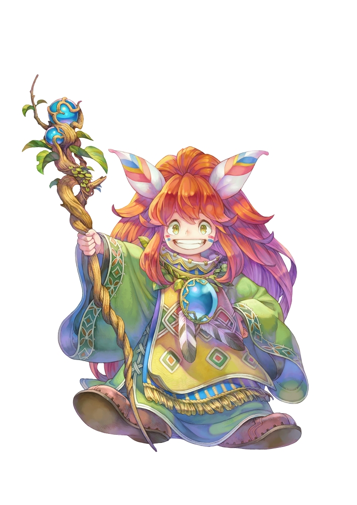 1boy androgynous brown_hair cloak feathers green_eyes hair_feathers hand_on_hip looking_at_viewer official_art popoie seiken_densetsu seiken_densetsu_2 shoes simple_background smile solo square_enix staff whisker_markings white_background