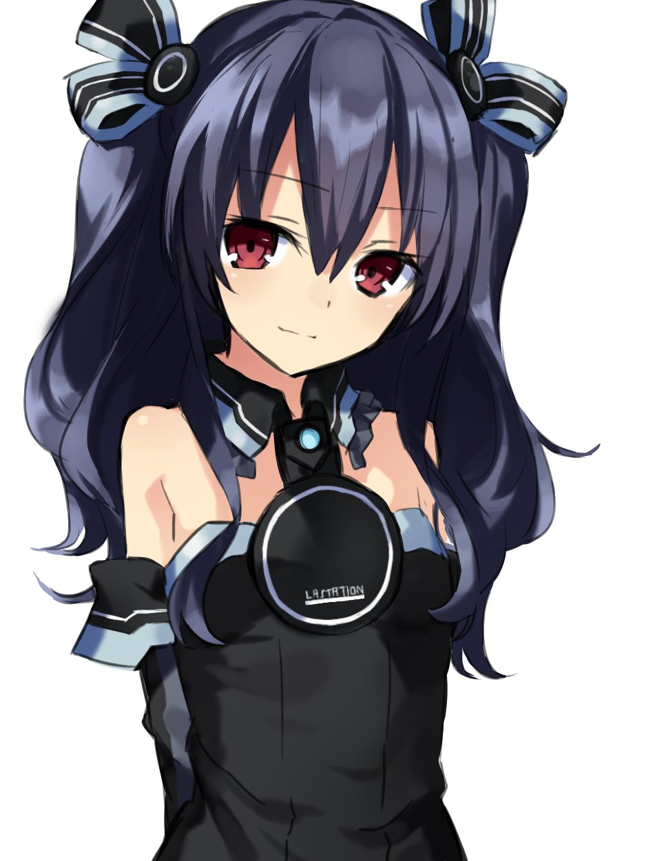 1girl bare_shoulders black_hair blancpig_yryr blush gloves hair_ornament highres long_hair looking_at_viewer neptune_(series) red_eyes smile solo two_side_up uni_(choujigen_game_neptune)