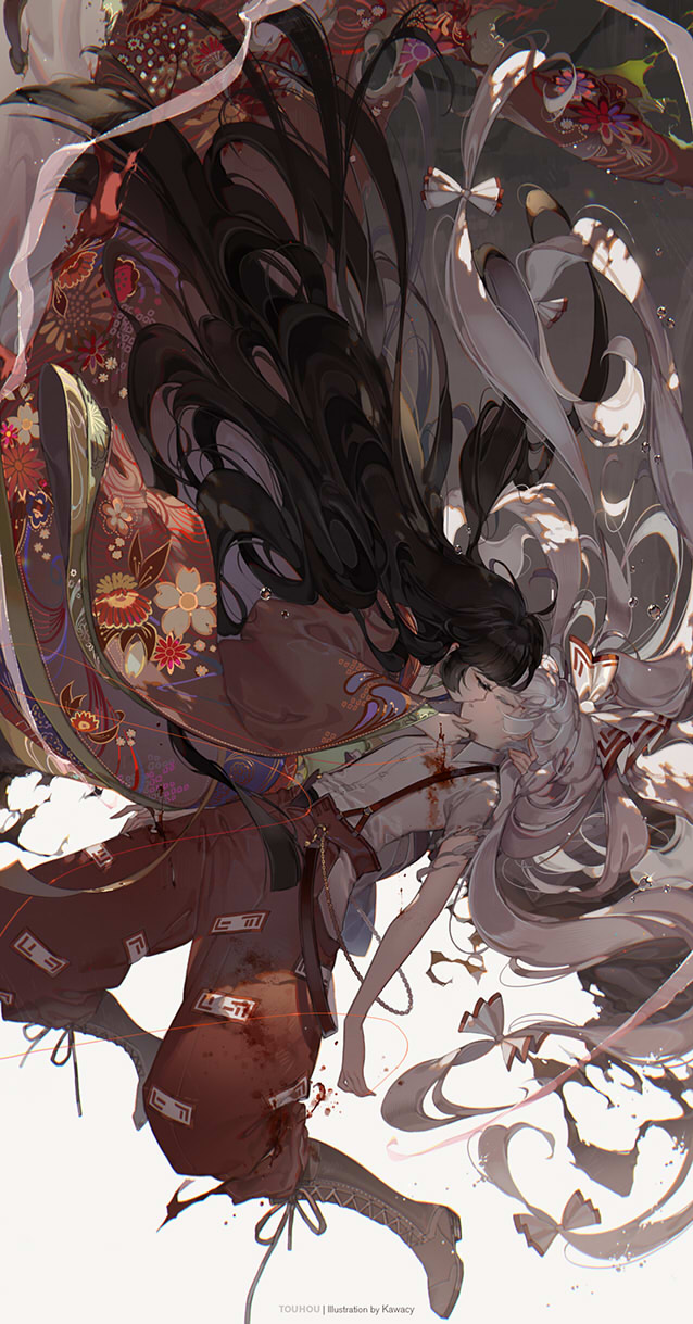 2girls artist_name bare_arms black_hair blood bow chains closed_eyes commentary_request copyright_name floral_print fujiwara_no_mokou hair_bow highres houraisan_kaguya imminent_kiss japanese_clothes kawacy kimono long_hair long_sleeves multiple_girls ofuda pants red_string shirt silver_hair string suspenders torn_clothes torn_shirt touhou underwater very_long_hair white_background white_bow white_shirt wide_sleeves yuri
