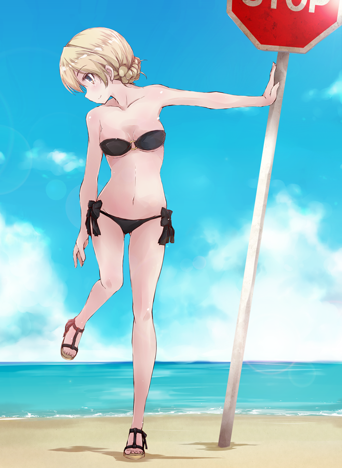 1girl beach bikini black_bikini blonde_hair blue_eyes blue_sky braid breasts cleavage clouds darjeeling day full_body girls_und_panzer horizon medium_breasts o-ring_bikini o-ring_top open_toe_shoes outdoors shoes short_hair side-tie_bikini sign sky solo standing stop_sign swimsuit twin_braids yumesato_makura