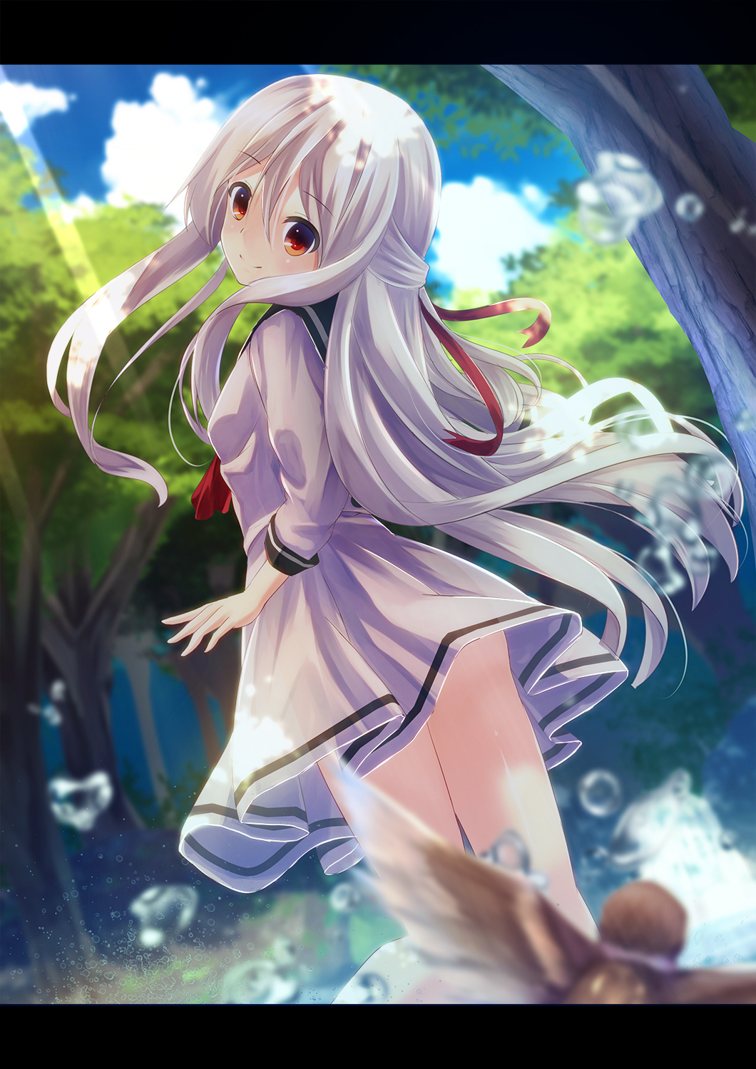 1girl bare_legs bird blue_sky blurry clouds cloudy_sky commentary_request day depth_of_field dress dutch_angle eyebrows_visible_through_hair forest from_behind hair_between_eyes hair_ribbon highres kagayannu long_hair long_sleeves looking_at_viewer looking_back nature orange_eyes original outdoors red_ascot red_ribbon ribbon sailor_dress sidelocks sky solo standing tree very_long_hair water water_drop waterfall white_hair