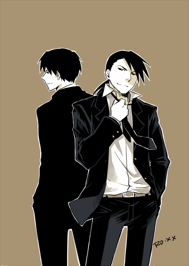 2boys adult artist_name back-to-back back_turned belt black_eyes black_hair formal fullmetal_alchemist grey_background greyscale grin hand_in_pocket ling_yao long_hair looking_at_viewer looking_away male_focus mature monochrome multiple_boys necktie pants ponytail roy_mustang shaded_face shirt short_hair simple_background smile suit white_shirt