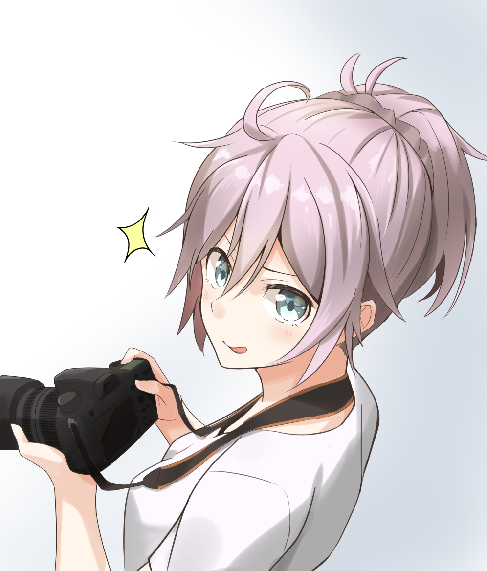 :p ahoge aoba_(kantai_collection) blush camera camera_lens cameraman holding holding_camera kantai_collection lens looking_at_viewer negahami shirt strap tied_hair tongue tongue_out white_shirt