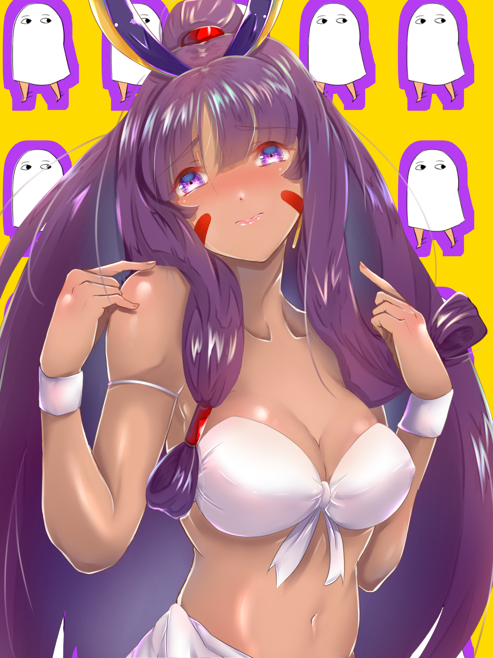 1girl ame_(memory_a) animal_ears bikini blush bracelet breasts cleavage dark_skin earrings facial_mark fake_animal_ears fate/grand_order fate_(series) highres jewelry large_breasts long_hair medjed navel nitocris_(fate/grand_order) nitocris_(swimsuit_assassin)_(fate) pointing pointing_at_self ponytail purple_hair rabbit_ears solo swimsuit very_long_hair violet_eyes wavy_mouth
