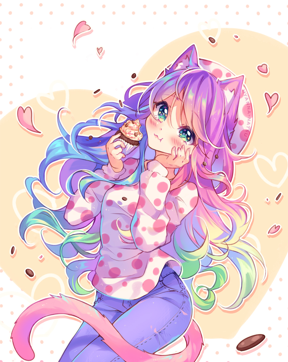 1girl :t animal_ears artist_name bangs blush borrowed_character cat_ears cat_tail closed_mouth cowboy_shot denim eating eyebrows_visible_through_hair fingernails food green_eyes hand_on_own_chest hat heart heart_background highres holding holding_food hyanna-natsu jeans long_hair long_sleeves looking_at_viewer muffin multicolored_hair original pants rainbow_hair reflective_eyes smile solo standing swept_bangs tail tareme very_long_hair wavy_mouth