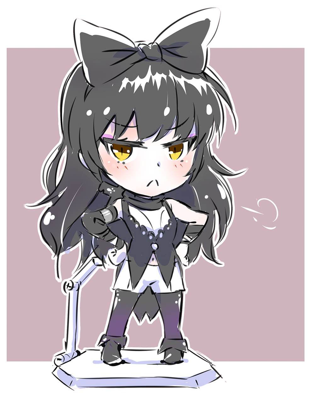 1girl black_hair blake_belladonna bow figma figma_stand hair_bow highres iesupa nendoroid pout rwby rwby_chibi solo yellow_eyes