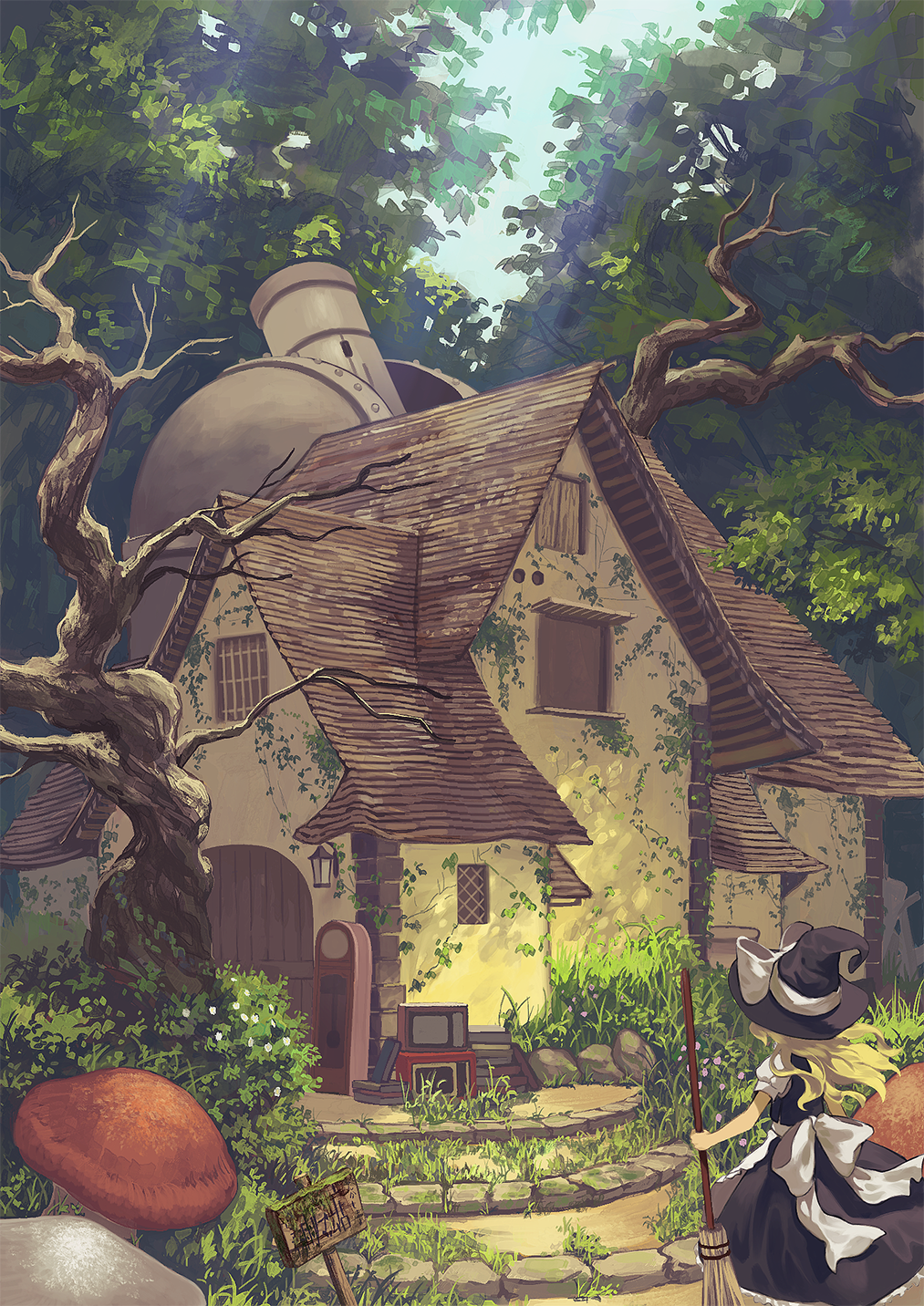 1girl berabou black_hat black_skirt bow broom clock day door forest from_behind hat hat_bow highres holding house kirisame_marisa mushroom nature outdoors overgrown sign skirt skirt_set solo telescope television touhou tree vest white_bow window witch_hat