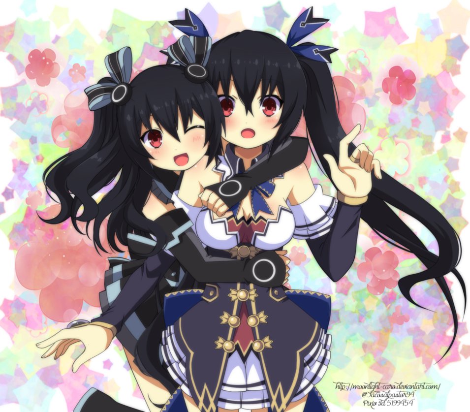 1girl 2girls bare_shoulders black_hair blush breasts caro-xy cleavage gloves hair_ornament hair_ribbon hug long_hair looking_at_viewer medium_breasts multiple_girls neptune_(series) noire one_eye_closed open_mouth red_eyes ribbon smile twintails two_side_up uni_(choujigen_game_neptune) very_long_hair