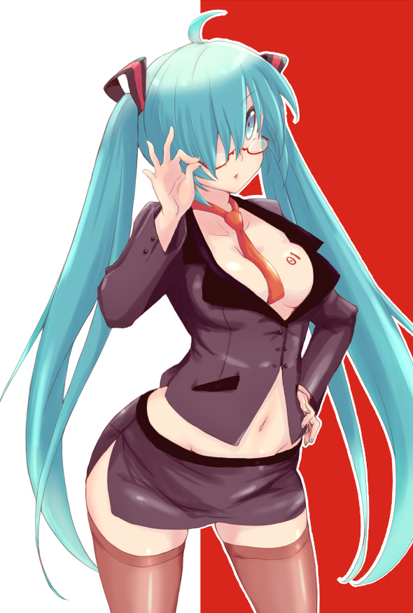 1girl adjusting_glasses ahoge aqua_eyes aqua_hair bespectacled between_breasts cowboy_shot glasses hair_over_one_eye hand_on_hip hatsune_miku long_hair midriff minazuki_itto nail_polish navel necktie necktie_between_breasts parted_lips red_background skirt solo thigh-highs twintails very_long_hair vocaloid white_background