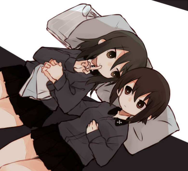 2girls alternate_costume bangs black_skirt blue_shirt brown_eyes brown_hair closed_mouth dress_shirt eyebrows_visible_through_hair finger_to_mouth fud girls_und_panzer grey_shirt hand_holding hat hat_removed headwear_removed index_finger_raised interlocked_fingers keizoku_school_uniform kuromorimine_school_uniform long_hair long_sleeves looking_at_another lying mika_(girls_und_panzer) miniskirt multiple_girls nishizumi_maho on_back pillow pleated_skirt school_uniform shirt short_hair shushing skirt smile striped striped_shirt vertical-striped_shirt vertical_stripes wing_collar yuri