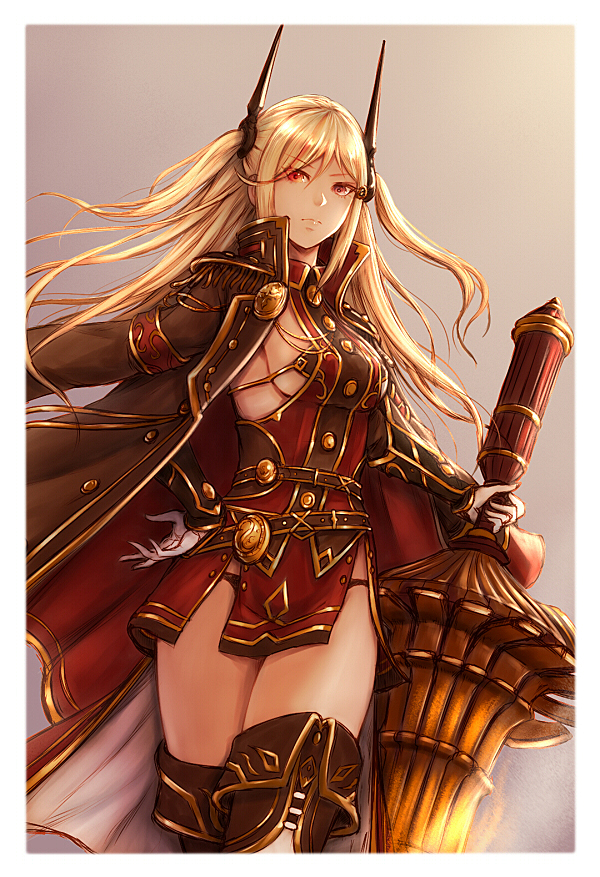 &gt;:( 1girl black_panties blonde_hair breasts copepe cowboy_shot cryptract epaulettes gloves hair_ornament hand_on_hip holding holding_weapon jacket_on_shoulders lance long_hair looking_at_viewer medium_breasts panties polearm red_eyes sideboob solo thigh-highs two_side_up underwear vambraces weapon white_gloves