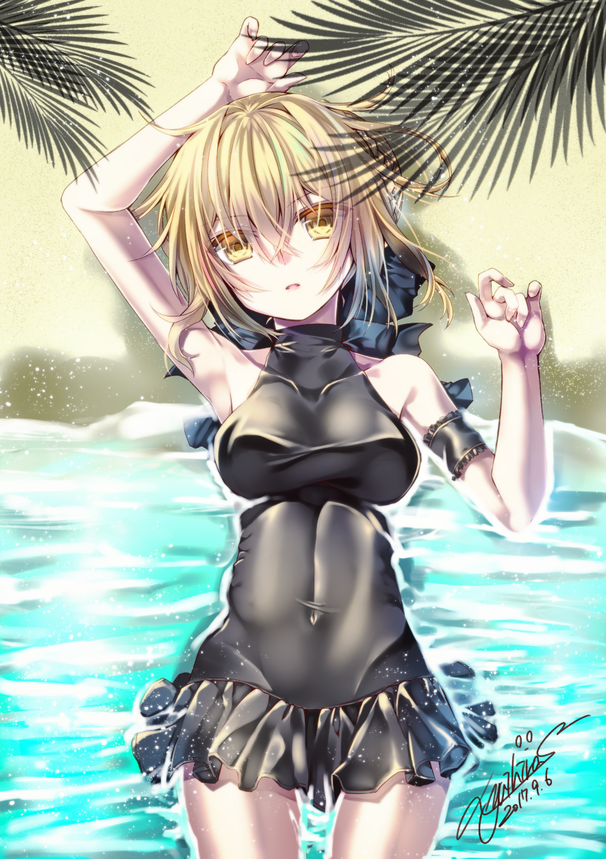 1girl arm_garter arm_up armpits artist_name artoria_pendragon_(all) artoria_pendragon_(swimsuit_rider_alter)_(fate) bangs beach black_swimsuit blonde_hair braid breasts commentary_request covered_navel cowboy_shot dated day eyebrows_visible_through_hair fate/grand_order fate_(series) french_braid from_above hair_between_eyes hair_ribbon highres looking_at_viewer lying medium_breasts on_back one-piece_swimsuit outdoors parted_lips partially_submerged ribbon saber_alter sand shadow short_hair signature solo swimsuit water yellow_eyes yuihira_asu