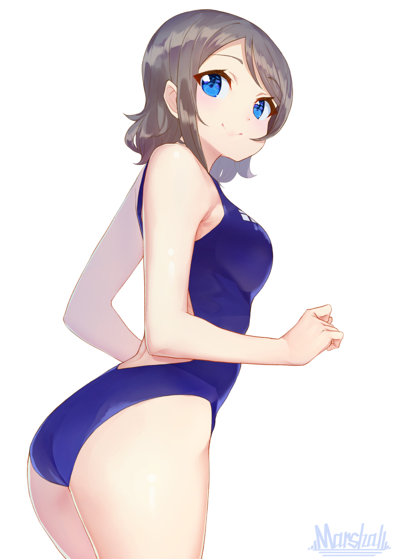 1girl ass blue_eyes blue_swimsuit competition_swimsuit cowboy_shot grey_hair looking_back love_live! love_live!_sunshine!! marshall_(wahooo) one-piece_swimsuit short_hair simple_background smile solo swimsuit watanabe_you white_background